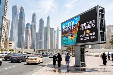 Outdoor LED screen installed in a UAE commercial environment under bright sunlight